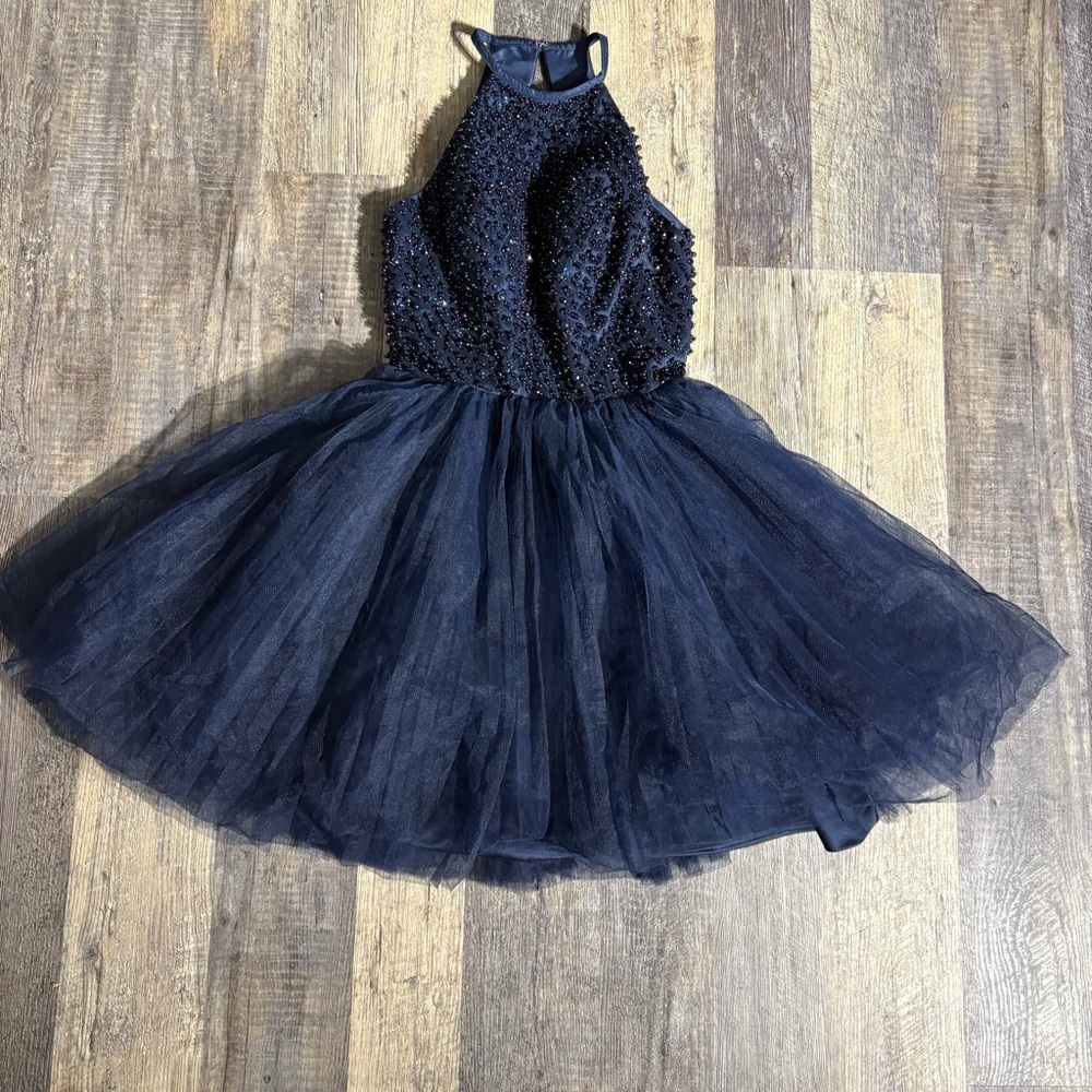 David's Bridal Navy Beaded Halter Tulle Cocktail Dress